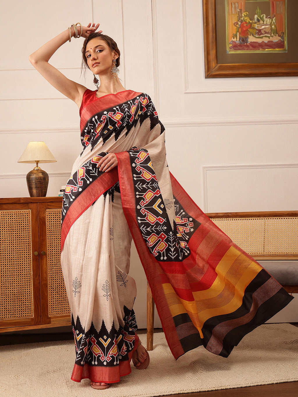 Hiral Fashion Beige Ikkat Kotha Silk Floral Digital Print Saree | Grocsy