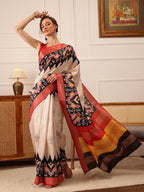 Hiral Fashion Beige Ikkat Kotha Silk Floral Digital Print Saree | Grocsy