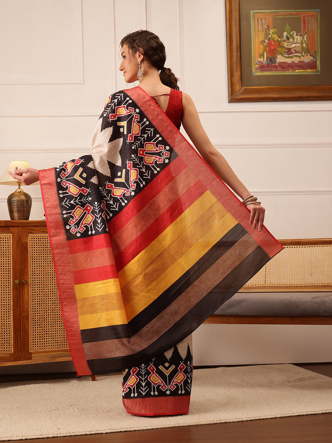 Hiral Fashion Beige Ikkat Kotha Silk Floral Digital Print Saree | Grocsy