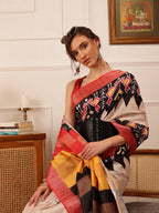 Hiral Fashion Beige Ikkat Kotha Silk Floral Digital Print Saree | Grocsy
