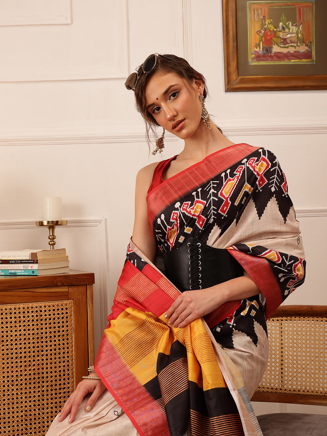 Hiral Fashion Beige Ikkat Kotha Silk Floral Digital Print Saree | Grocsy