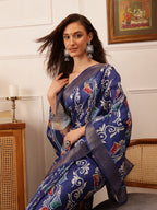 Hiral Fashion Blue Ikkat Kotha Silk Floral Digital Print Saree | Grocsy