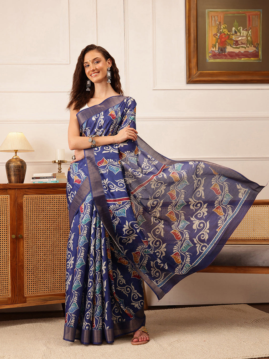 Hiral Fashion Blue Ikkat Kotha Silk Floral Digital Print Saree | Grocsy