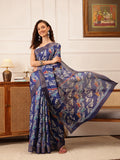 Hiral Fashion Blue Ikkat Kotha Silk Floral Digital Print Saree | Grocsy