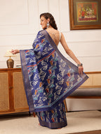 Hiral Fashion Blue Ikkat Kotha Silk Floral Digital Print Saree | Grocsy