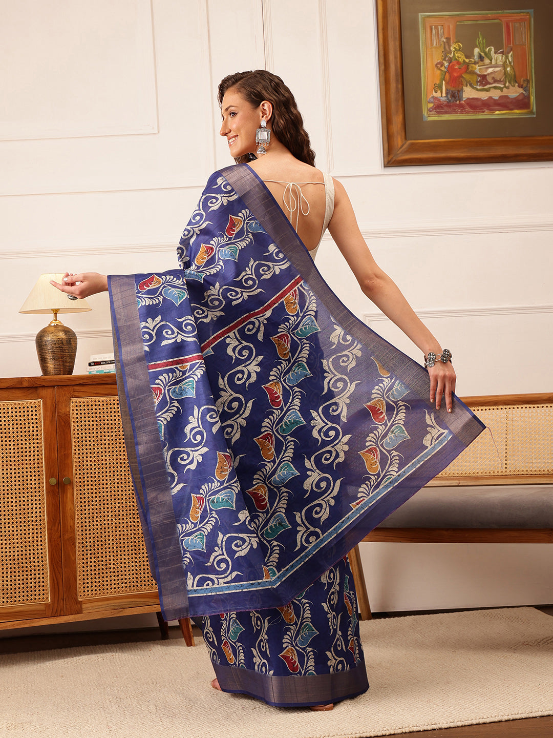 Hiral Fashion Blue Ikkat Kotha Silk Floral Digital Print Saree | Grocsy