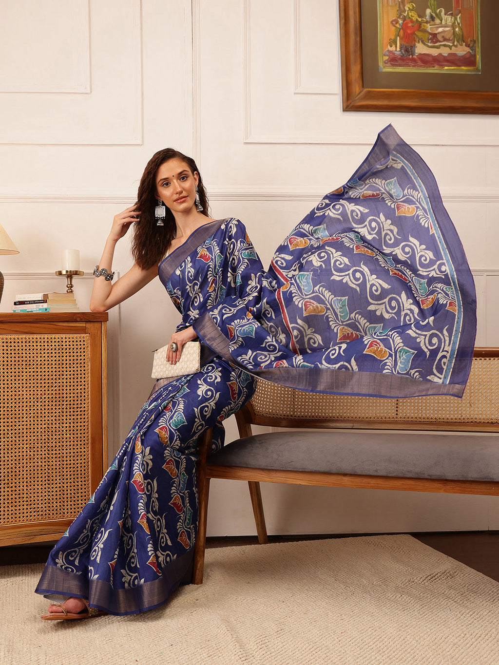 Hiral Fashion Blue Ikkat Kotha Silk Floral Digital Print Saree | Grocsy