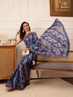 Hiral Fashion Blue Ikkat Kotha Silk Floral Digital Print Saree | Grocsy