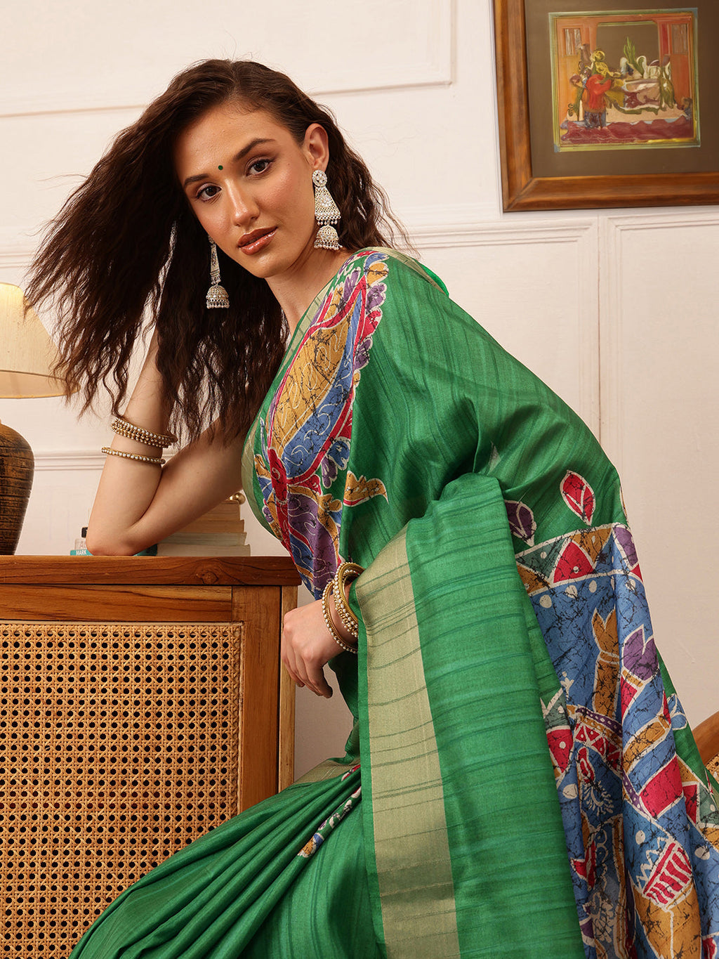 Hiral Fashion Green Ikkat Kotha Silk Floral Digital Print Saree | Grocsy
