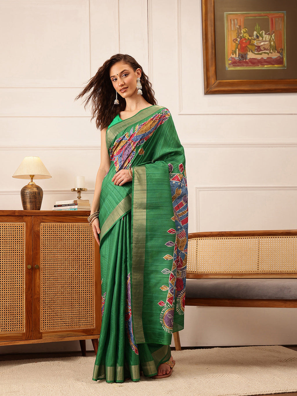 Hiral Fashion Green Ikkat Kotha Silk Floral Digital Print Saree | Grocsy