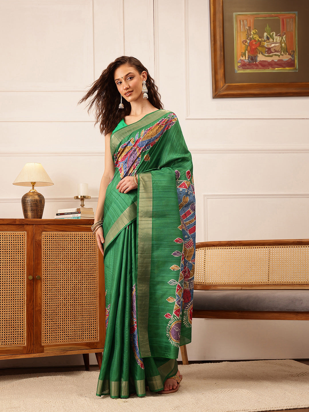 Hiral Fashion Green Ikkat Kotha Silk Floral Digital Print Saree | Grocsy