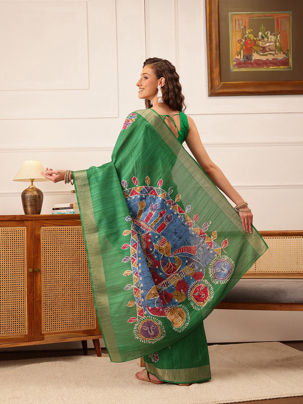 Hiral Fashion Green Ikkat Kotha Silk Floral Digital Print Saree | Grocsy