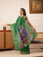 Hiral Fashion Green Ikkat Kotha Silk Floral Digital Print Saree | Grocsy