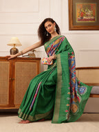 Hiral Fashion Green Ikkat Kotha Silk Floral Digital Print Saree | Grocsy