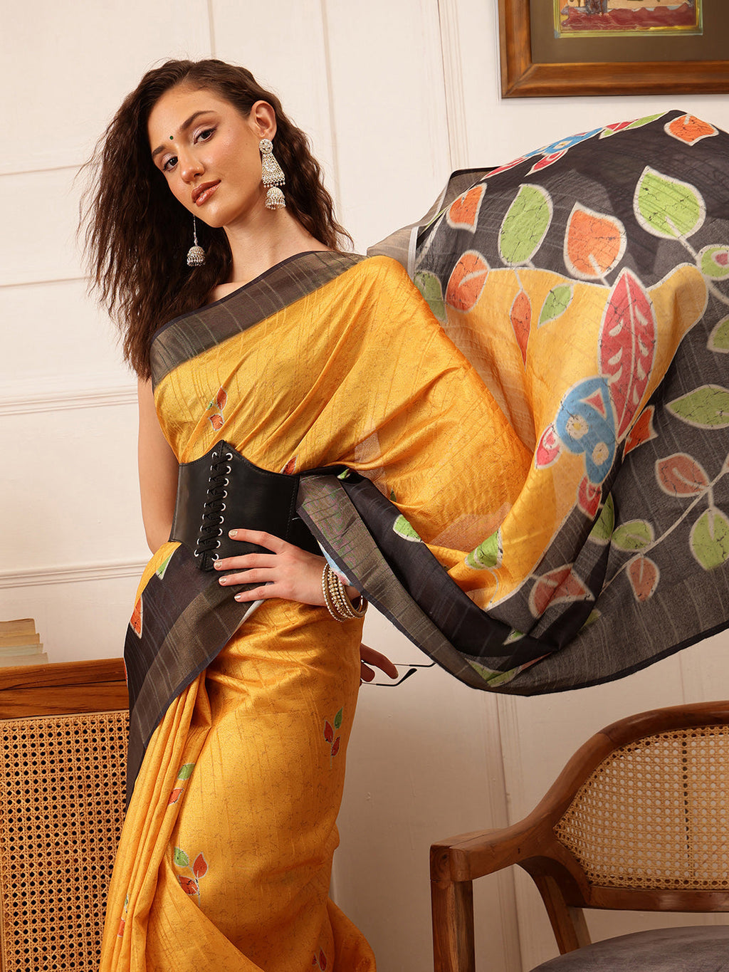 Hiral Fashion Mustard Ikkat Kotha Silk Floral Digital Print Saree | Grocsy