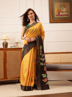 Hiral Fashion Mustard Ikkat Kotha Silk Floral Digital Print Saree | Grocsy