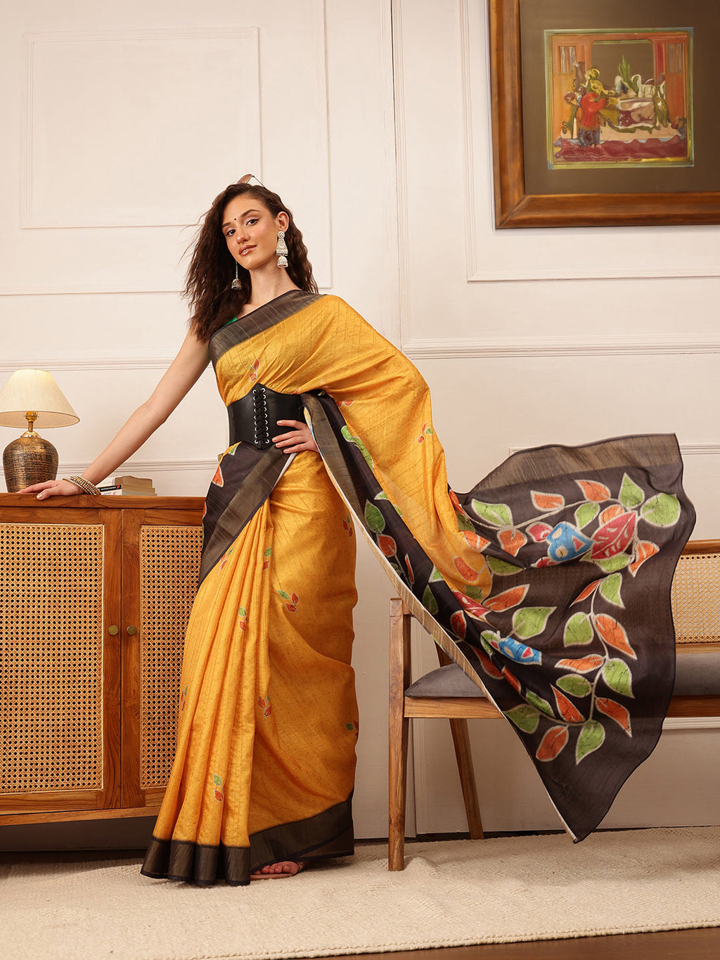 Hiral Fashion Mustard Ikkat Kotha Silk Floral Digital Print Saree | Grocsy