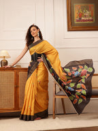 Hiral Fashion Mustard Ikkat Kotha Silk Floral Digital Print Saree | Grocsy