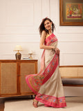 Hiral Fashion Beige Ikkat Kotha Silk Floral Digital Print Saree | Grocsy