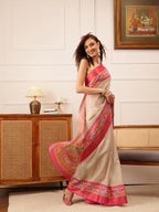 Hiral Fashion Beige Ikkat Kotha Silk Floral Digital Print Saree | Grocsy