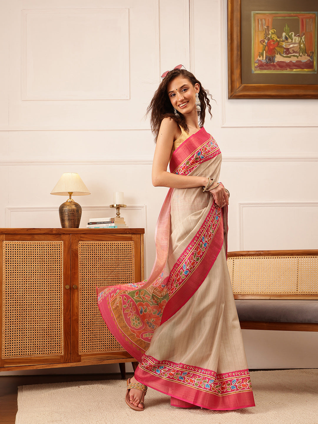 Hiral Fashion Beige Ikkat Kotha Silk Floral Digital Print Saree | Grocsy