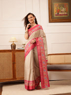 Hiral Fashion Beige Ikkat Kotha Silk Floral Digital Print Saree | Grocsy