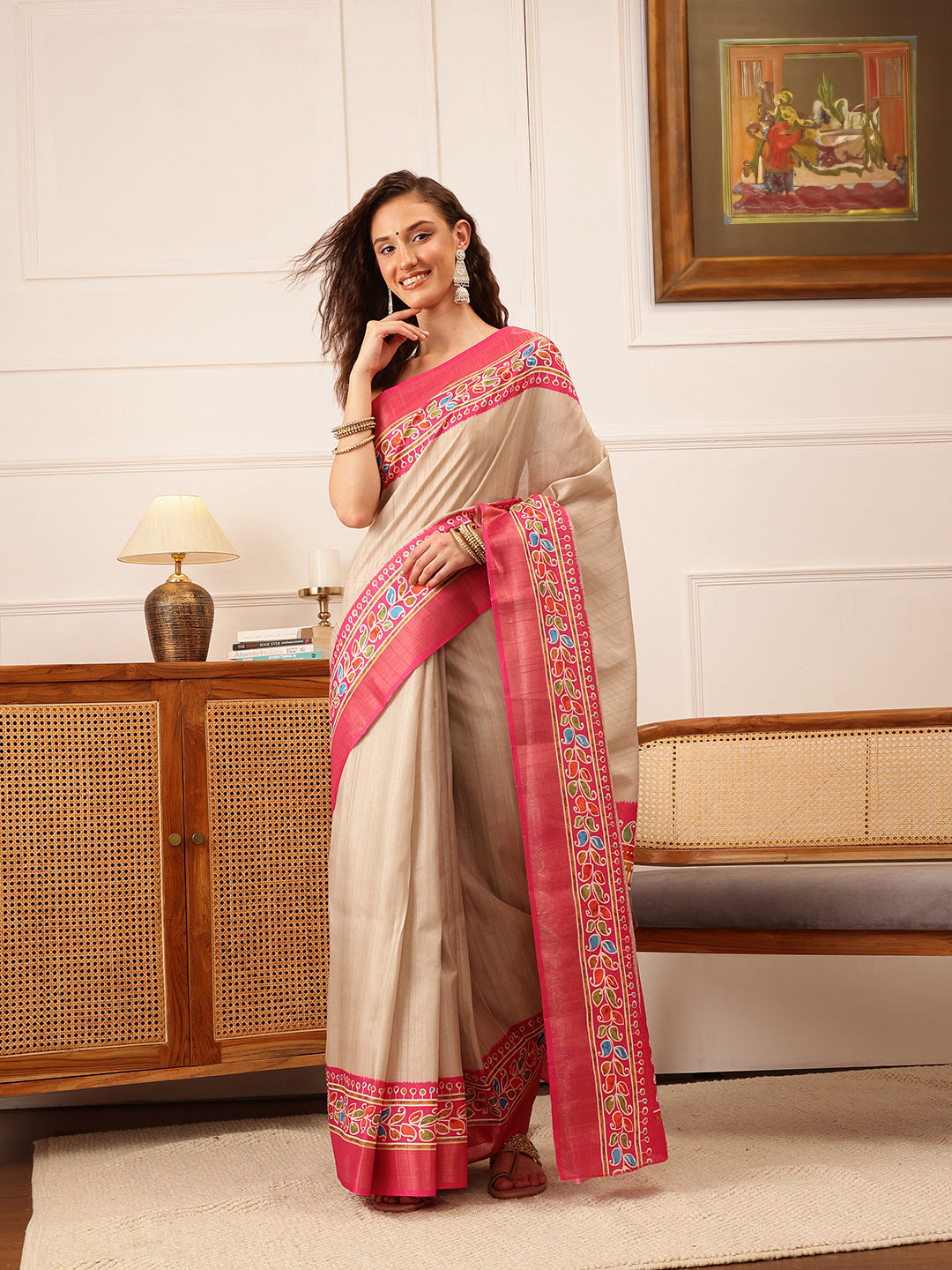Hiral Fashion Beige Ikkat Kotha Silk Floral Digital Print Saree | Grocsy