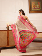 Hiral Fashion Beige Ikkat Kotha Silk Floral Digital Print Saree | Grocsy