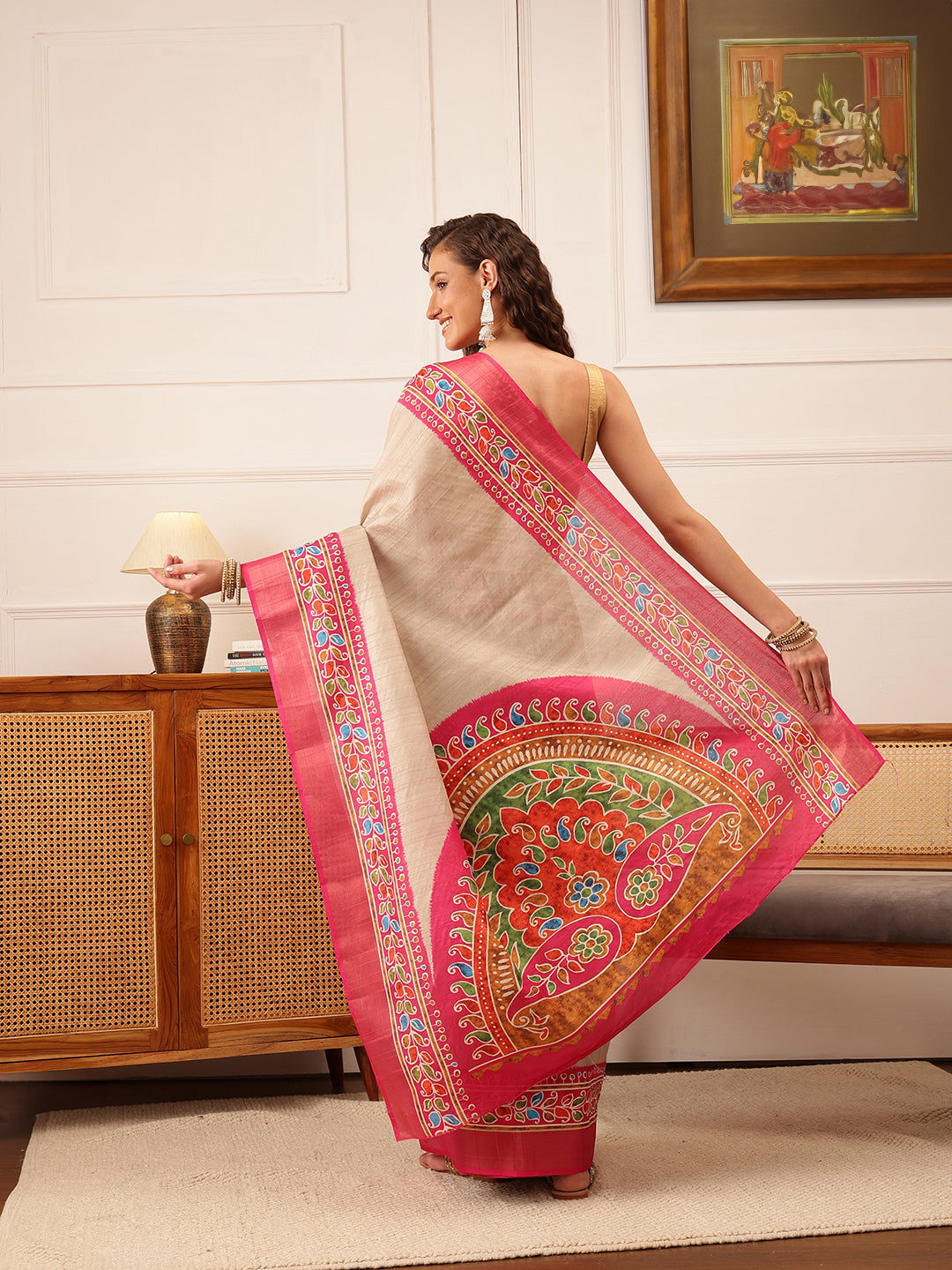Hiral Fashion Beige Ikkat Kotha Silk Floral Digital Print Saree | Grocsy