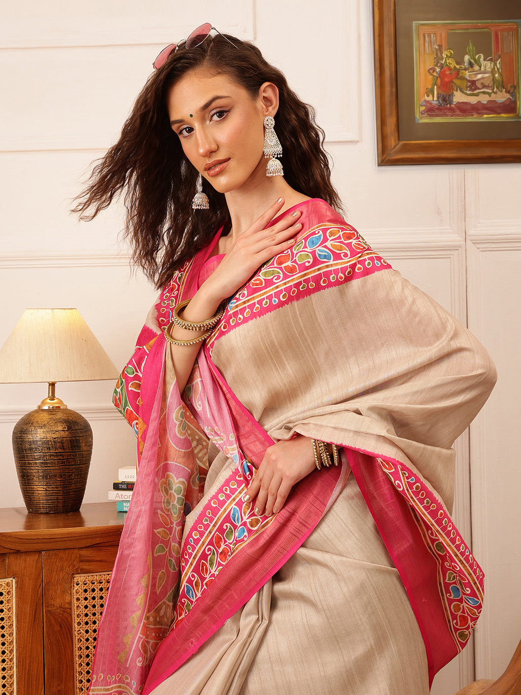 Hiral Fashion Beige Ikkat Kotha Silk Floral Digital Print Saree | Grocsy