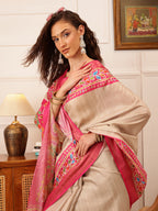 Hiral Fashion Beige Ikkat Kotha Silk Floral Digital Print Saree | Grocsy