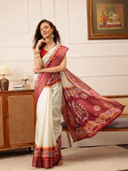 Hiral Fashion Off White Ikkat Kotha Silk Floral Digital Print Saree | Grocsy