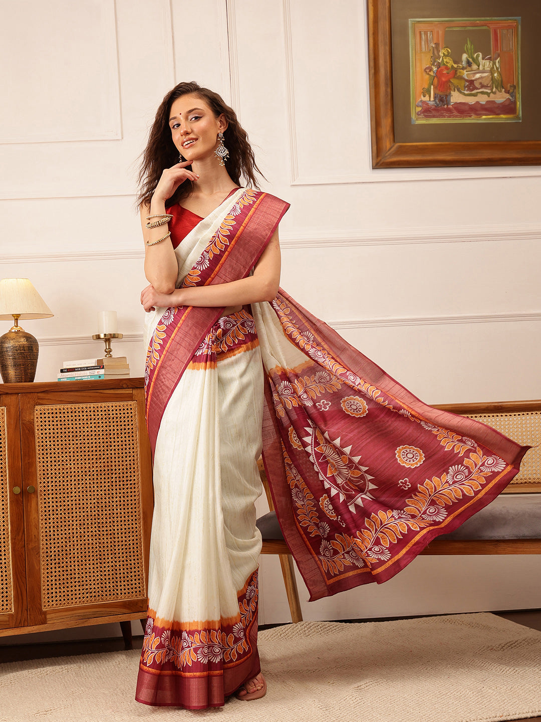 Hiral Fashion Off White Ikkat Kotha Silk Floral Digital Print Saree | Grocsy