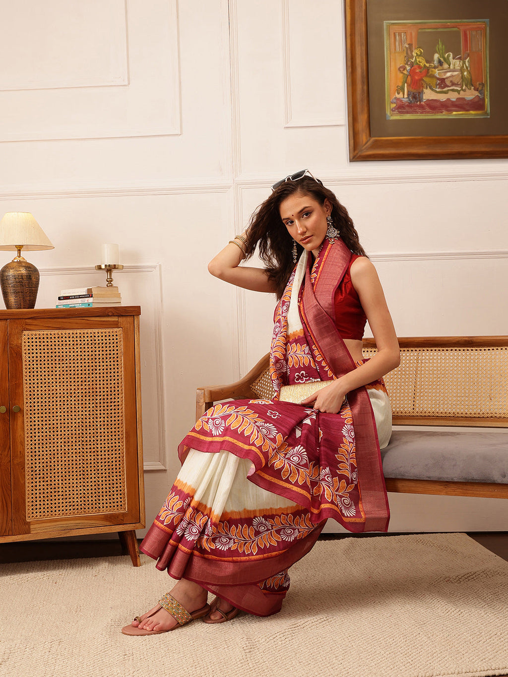 Hiral Fashion Off White Ikkat Kotha Silk Floral Digital Print Saree | Grocsy