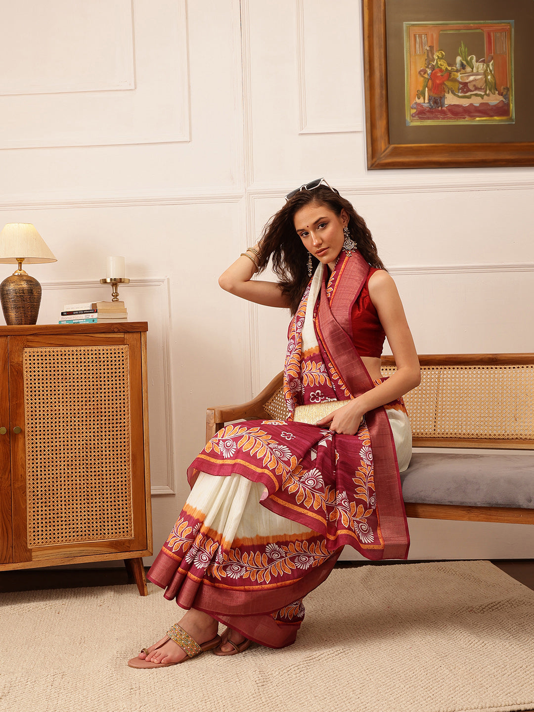 Hiral Fashion Off White Ikkat Kotha Silk Floral Digital Print Saree | Grocsy