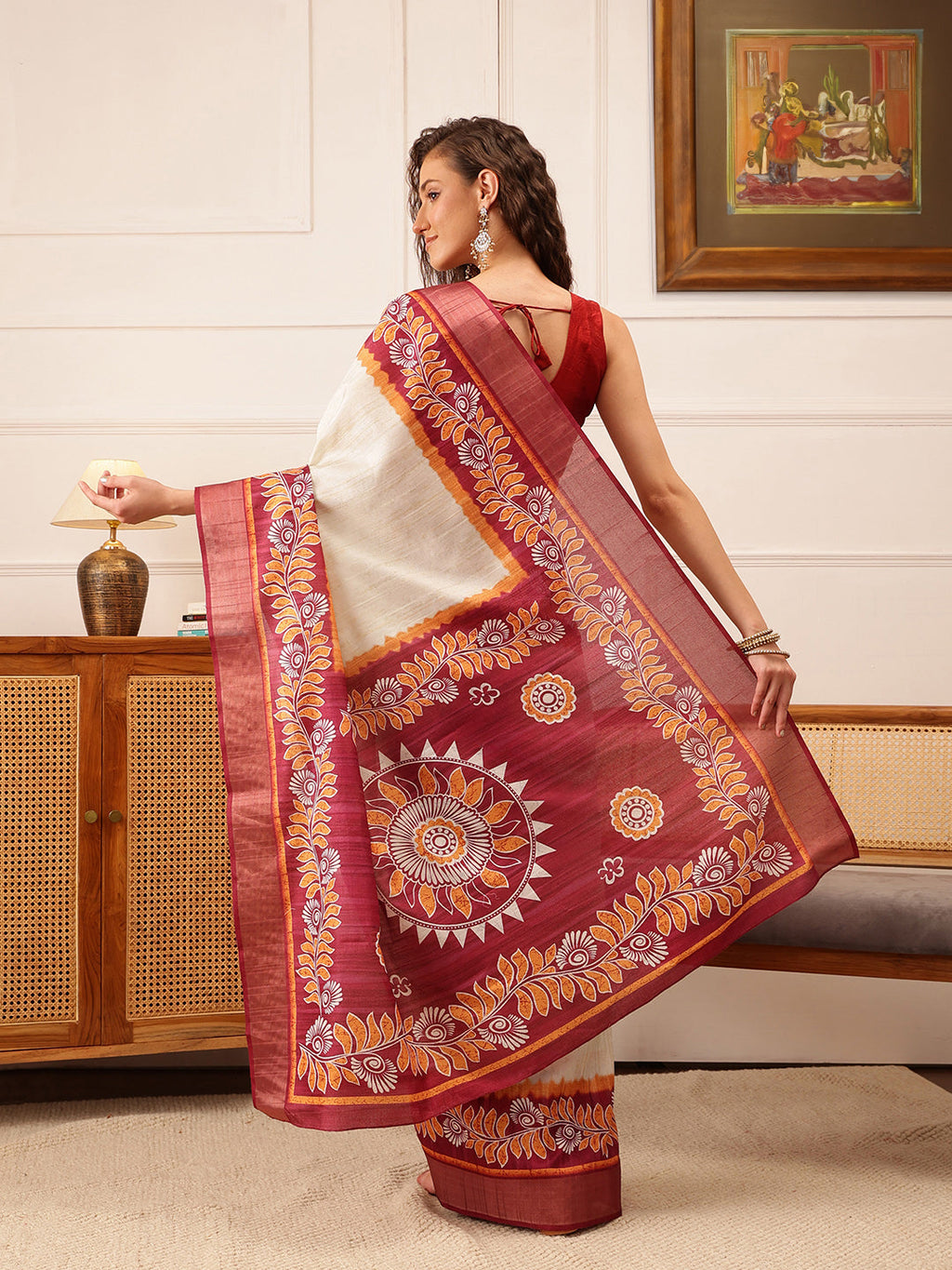 Hiral Fashion Off White Ikkat Kotha Silk Floral Digital Print Saree | Grocsy