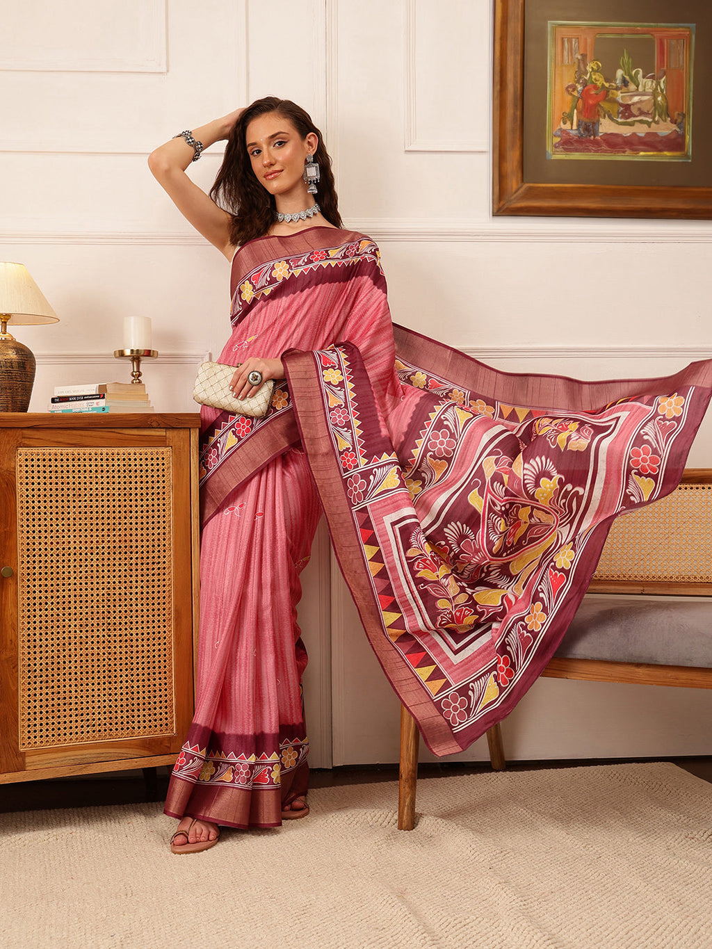 Hiral Fashion Pink Ikkat Kotha Silk Floral Digital Print Saree | Grocsy