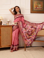 Hiral Fashion Pink Ikkat Kotha Silk Floral Digital Print Saree | Grocsy