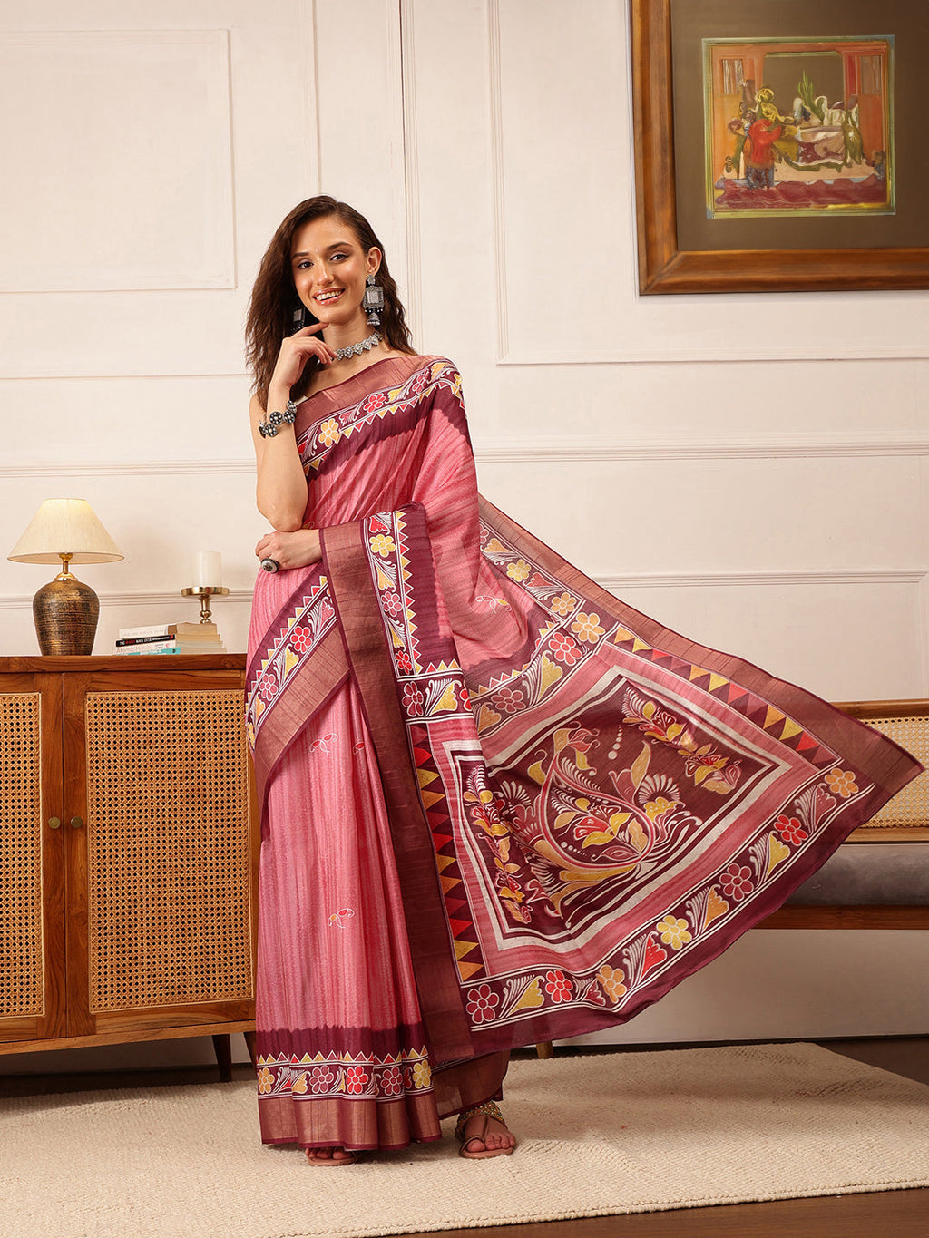 Hiral Fashion Pink Ikkat Kotha Silk Floral Digital Print Saree | Grocsy