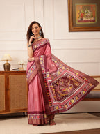 Hiral Fashion Pink Ikkat Kotha Silk Floral Digital Print Saree | Grocsy