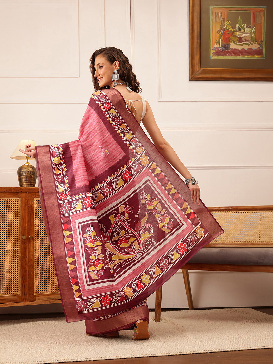 Hiral Fashion Pink Ikkat Kotha Silk Floral Digital Print Saree | Grocsy