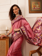 Hiral Fashion Pink Ikkat Kotha Silk Floral Digital Print Saree | Grocsy
