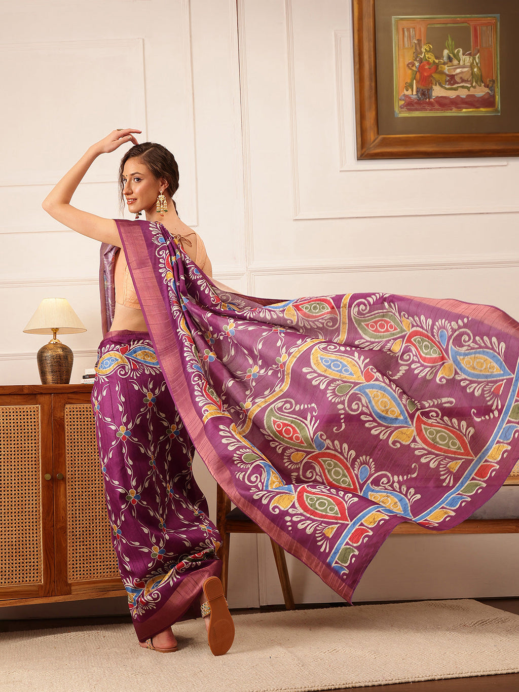 Hiral Fashion Purple Ikkat Kotha Silk Floral Digital Print Saree | Grocsy