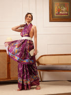 Hiral Fashion Purple Ikkat Kotha Silk Floral Digital Print Saree | Grocsy