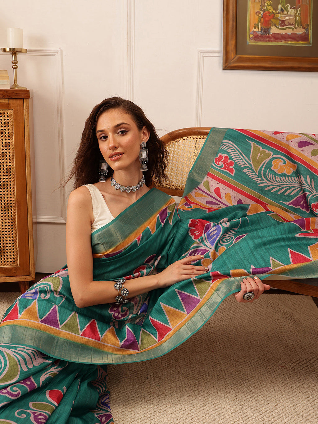 Hiral Fashion Teal Ikkat Kotha Silk Floral Digital Print Saree | Grocsy