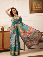 Hiral Fashion Teal Ikkat Kotha Silk Floral Digital Print Saree | Grocsy