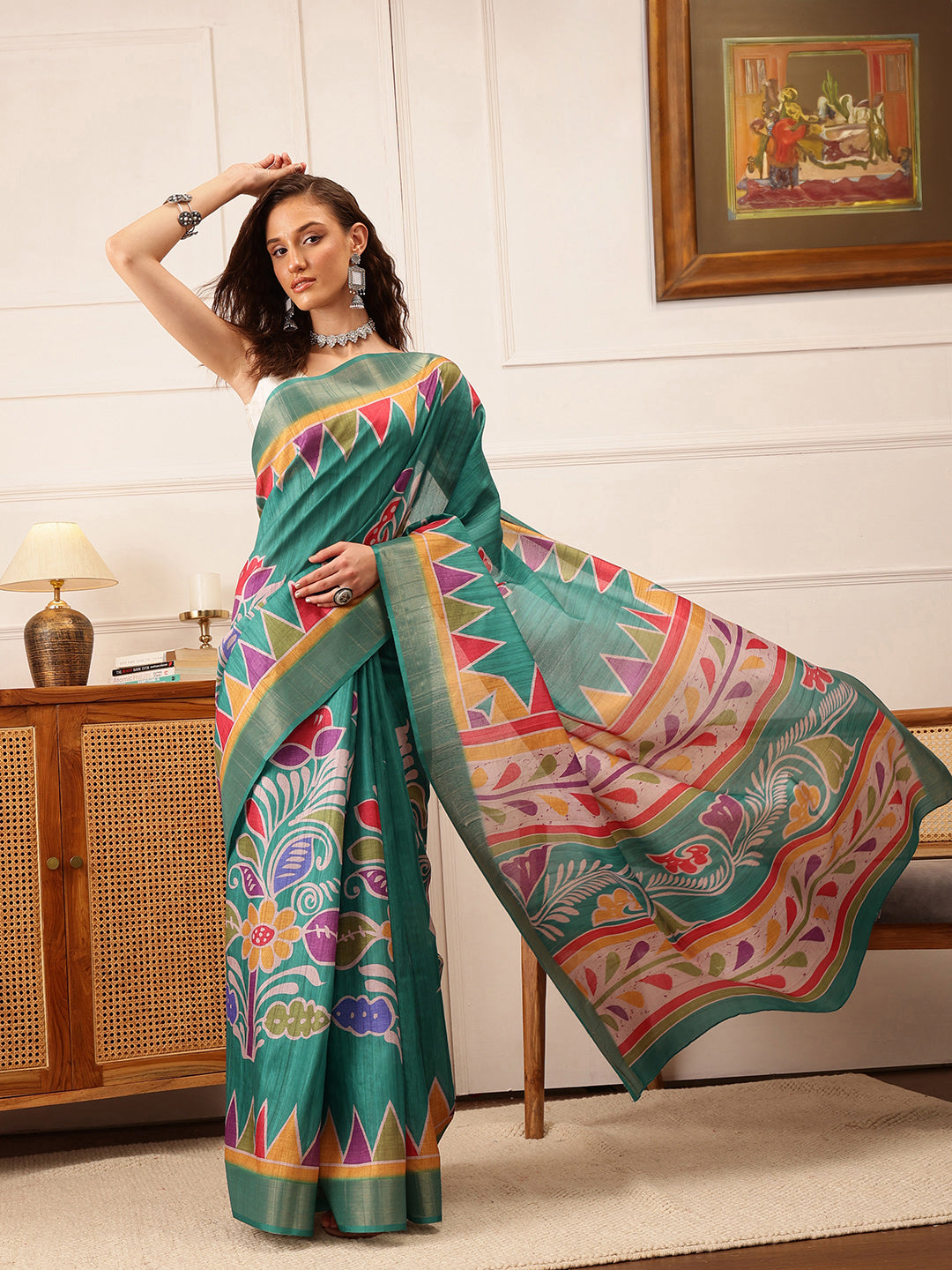 Hiral Fashion Teal Ikkat Kotha Silk Floral Digital Print Saree | Grocsy