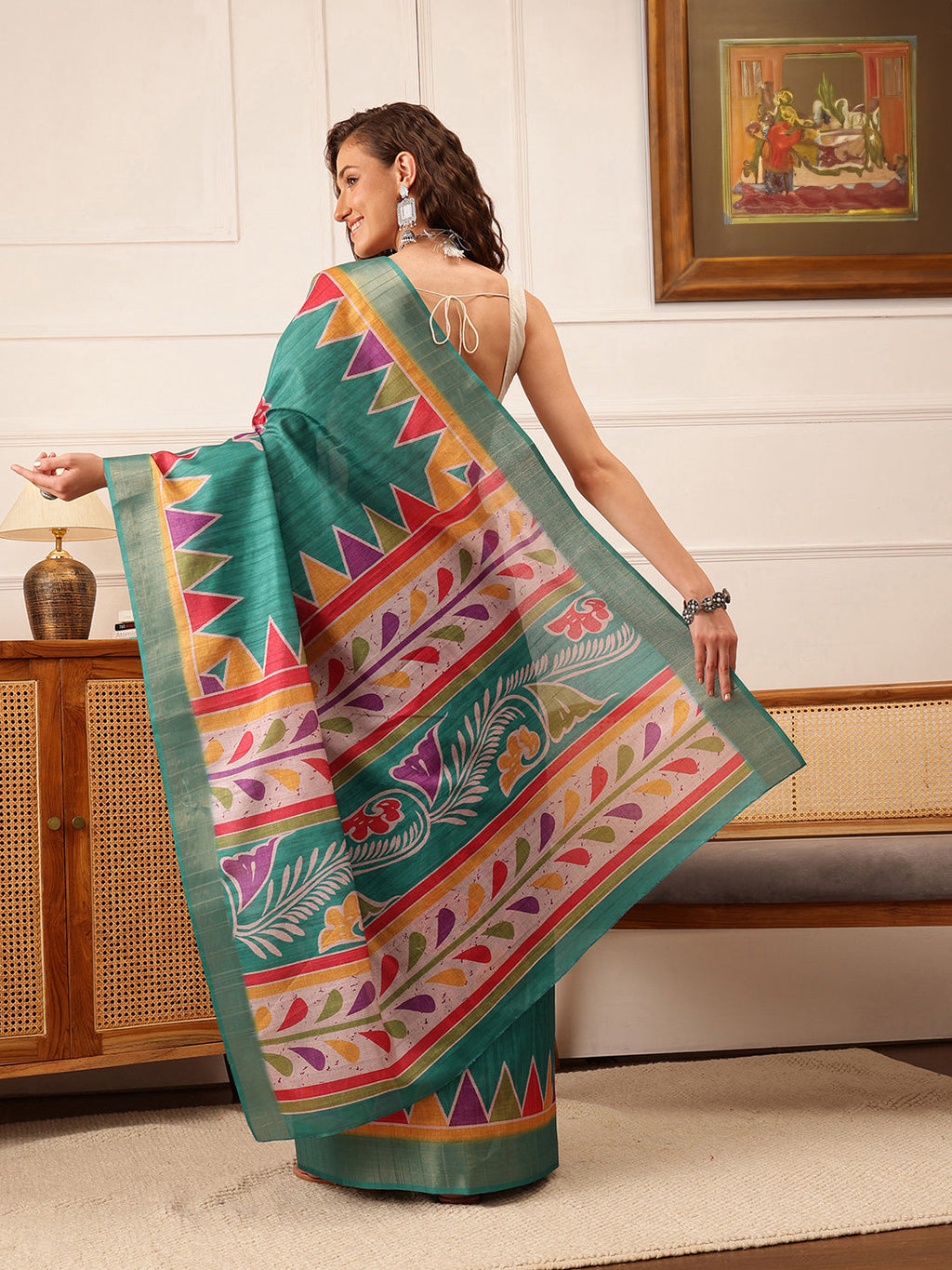 Hiral Fashion Teal Ikkat Kotha Silk Floral Digital Print Saree | Grocsy