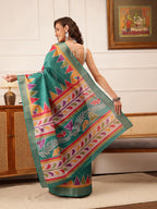 Hiral Fashion Teal Ikkat Kotha Silk Floral Digital Print Saree | Grocsy