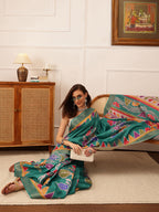 Hiral Fashion Teal Ikkat Kotha Silk Floral Digital Print Saree | Grocsy